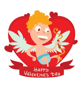 Vector image of a red frame in the form of a heart symbol with a red banner with a cartoon image of cute little cupid rejoicing on a white background. Valentine's Day. Vector illustration. Card.