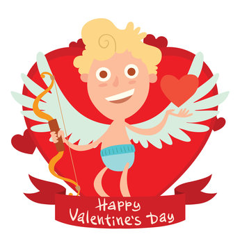 Vector image of a red frame in the form of heart symbol with a red banner with a cartoon image of cute little cupid with heart symbol on a white background. Valentine's Day. Vector illustration. Card.