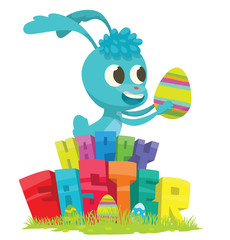 Vector cartoon image of a light blue Easter bunny running behind colorful letters 