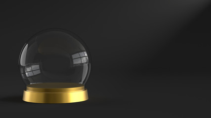 Empty snow glass ball with golden tray on dark background. 3D rendering.
