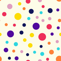 Memphis style polka dots seamless pattern on milk background. Interesting modern memphis polka dots creative pattern. Bright scattered confetti fall chaotic decor. Vector illustration.