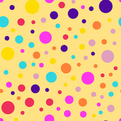 Memphis style polka dots seamless pattern on yellow background. Fine modern memphis polka dots creative pattern. Bright scattered confetti fall chaotic decor. Vector illustration.