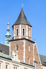Fototapeta na wymiar KRAKOW, POLAND - FEBRUARY 27, 2017: Roof turrets of The Wawel Royal Castle