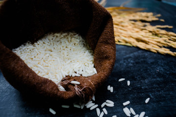 Thailand Rice on wooden table, rice in sackcloth and rice paddy on black wood,rice in sack,white rice in burlap sack with rice grain on the black wood