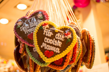 Close-up of gingerbread heart with phrase 