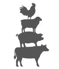 Cow, pig, sheep, rooster stand on each other