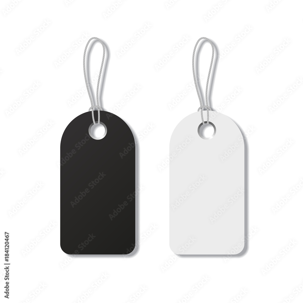 Poster black and white tags with strings isolated on white background. vector realistic elements.
