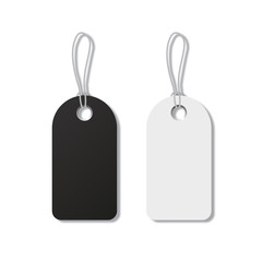 Black and white tags with strings isolated on white background. Vector realistic elements.