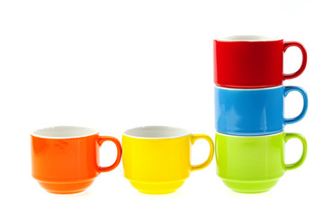 colorful coffee cups isolated on white background.