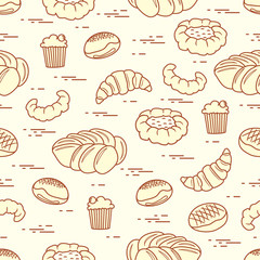 Pattern of different bakery products (bun, cheesecake, cupcake, croissant and other).