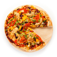 Pizza with chicken and vegetables on white background 