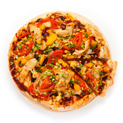 Pizza with chicken and vegetables on white background 