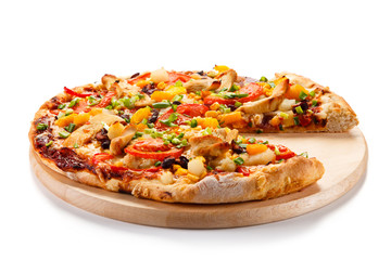 Pizza with chicken and vegetables on white background 
