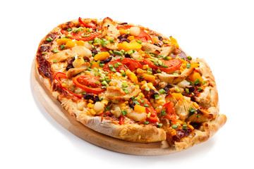 Pizza with chicken and vegetables on white background 