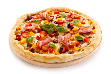 Pizza with ham and pepper on white background
