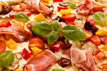 Pizza with ham and pepper on white background
