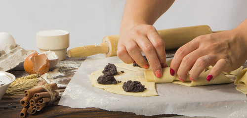 dough with close-up. man is preparing bread dough