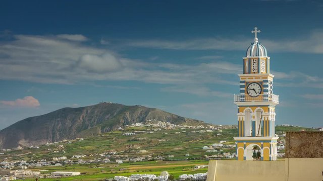 sunny day santorini island famous fira town church clock tower panorama 4k timelapse greece
