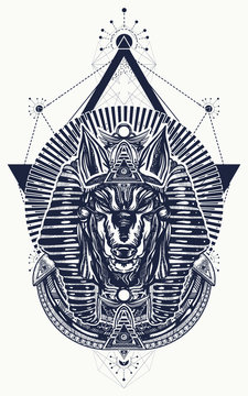 Anubis sacred geometry tattoo and t-shirt design. Anubis, god of war, Golden Mask of the Pharaoh, symbol of next world, kingdom of dead tattoo art