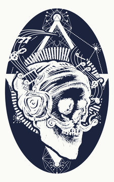Skull of the bearded hipster in earphone listens to music. Skull with beard, mustache, hipster hat and headphones tattoo. Human skull sacred geometry tattoo and t-shirt design