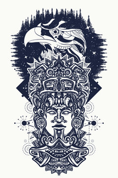 Ancient aztec totem and eagle birds, Mexican god. Ancient Mayan civilization. Indian mayan carved in stone tattoo art
