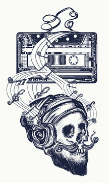 Human skull and old audio cassette  tattoo. Skull of the bearded hipster in earphone listens to music. Symbol of pop music, disco t-shirt design