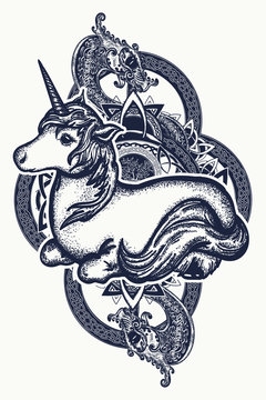 Unicorn and dragon tattoo art. Symbol of dreams, tales, fantasies. Unicorn and tribal dragon in celtic style t-shirt design
