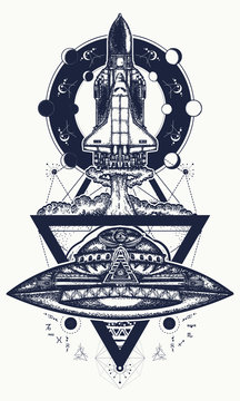 Flying-up spaceship and ufo tattoo art. Flight to new galaxies, space researches, boundless Universe. Space shuttle taking off on mission t-shirt design
