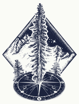 Pine tree and compass tattoo. Symbol of tourism, forest, rock climbing, camping. Fir tree, forest art t-shirt design