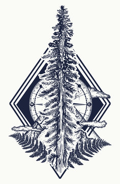 Pine tree and mountains, compass tattoo. Symbol of tourism, forest, rock climbing, camping. Fir tree and compass tattoo and t-shirt design