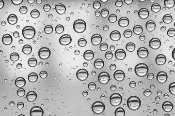 Multiple water drops or raindrops of different sizes on a transparent glass window. Clean background.