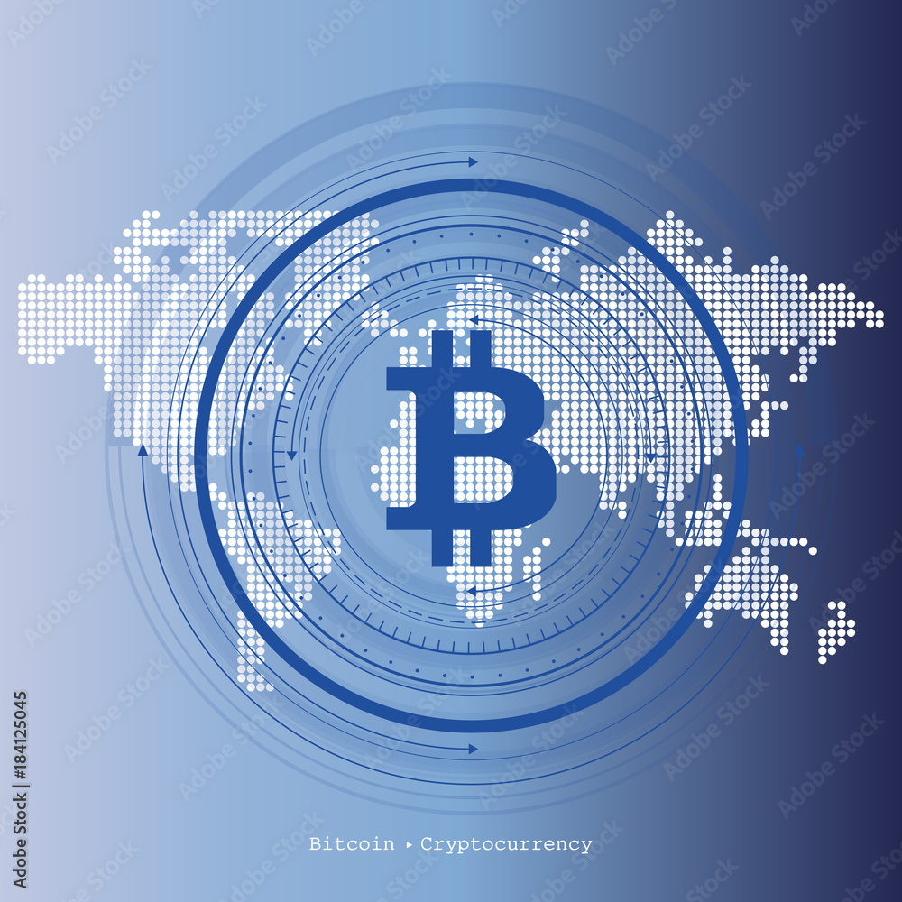 Poster abstract bitcoin crypto currency blockchain technology on global world map. vector illustration.
