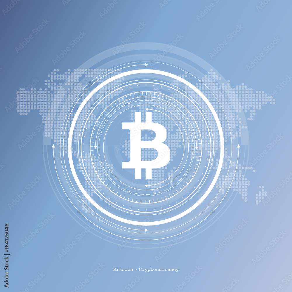 Poster abstract bitcoin crypto currency blockchain technology on global world map. vector illustration.