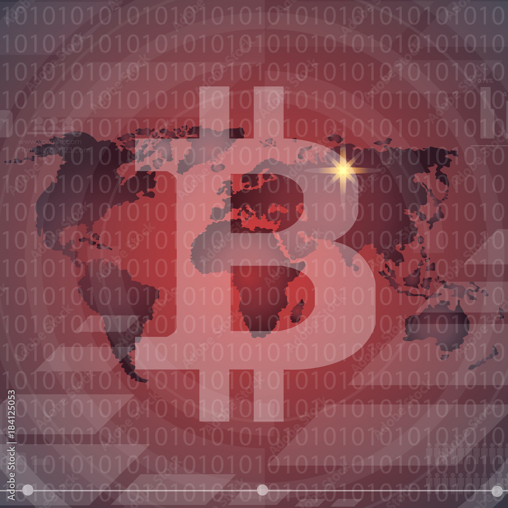 Poster abstract bitcoin crypto currency blockchain technology on global world map. vector illustration.