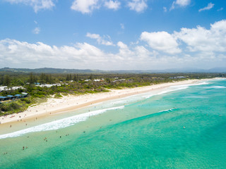 An aerial view of Byron Bay beach on a clear day near the wreck shipwreck