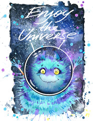 Alien. T-shirt design. Cute monster watercolor illustration. Space background. 