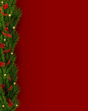 Vector Background With Christmas Tree Branches And Decorations, Pine Cones, Stars, Red Bows, Ribbon . Vector Christmas Border On Red Background