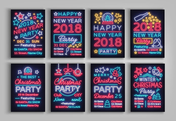 Happy Christmas and New Year 2018 set of posters vector illustration. Neon signs. Collection of brochures, leaflets, cards in a neon style design invitation template for the Christmas party