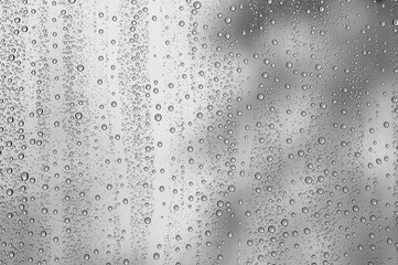 Multiple water drops or raindrops of different sizes on a transparent glass window. Clean pastel color background.