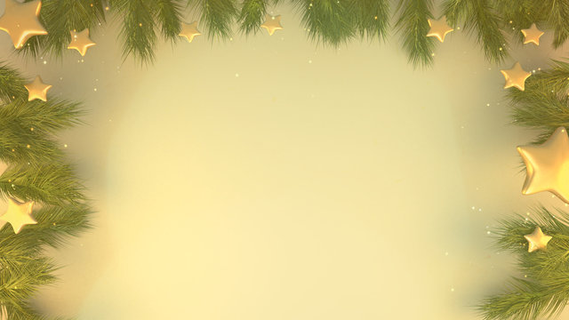 Christmas leaves frame and golden stars, Shiny sparkles effects. 3d rendering picture.