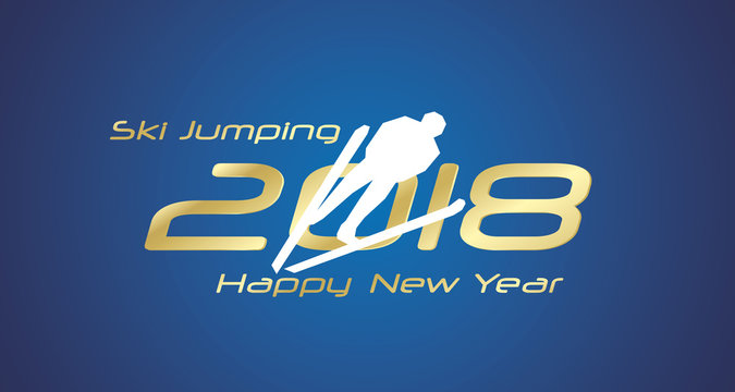 Ski Jumping 2018 Happy New Year gold logo icon blue background