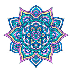 Wektor ręcznie rysowane doodle mandali. Etniczna mandala z kolorowym ornamentem plemiennym. Odosobniony. Kolory różowy, biały, niebieski i żółty. - 184129811