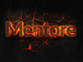 Mentore Fire text flame burning hot lava explosion background.