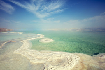 The texture of Dead Sea. Salty seashore. Israel