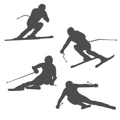 
the person goes fast on mountain skiing. an abstract dark silhouette. a set of equal poses.