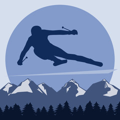 
the person goes fast on mountain skiing. an abstract dark silhouette. a set of equal poses.