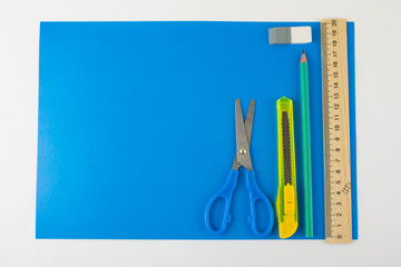 Frame with school supplies. Flat lay, top view