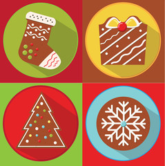 Christmas cookies. New year gingerbread. spruce, gift, sock, snowflake. Flat icons with long shadow. Party food