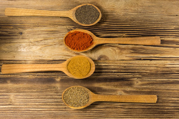 Assorted spices in wooden spoons on a table