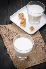 Breakfast with milk. Glass of milk on table.